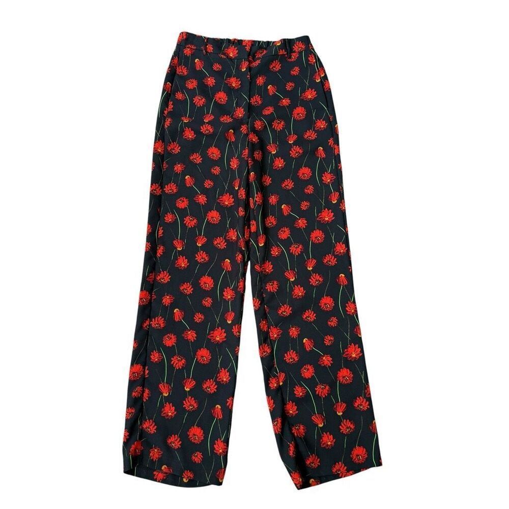 H&M Poppy Print Wide Leg Pants black floral pattern wide-leg size 4